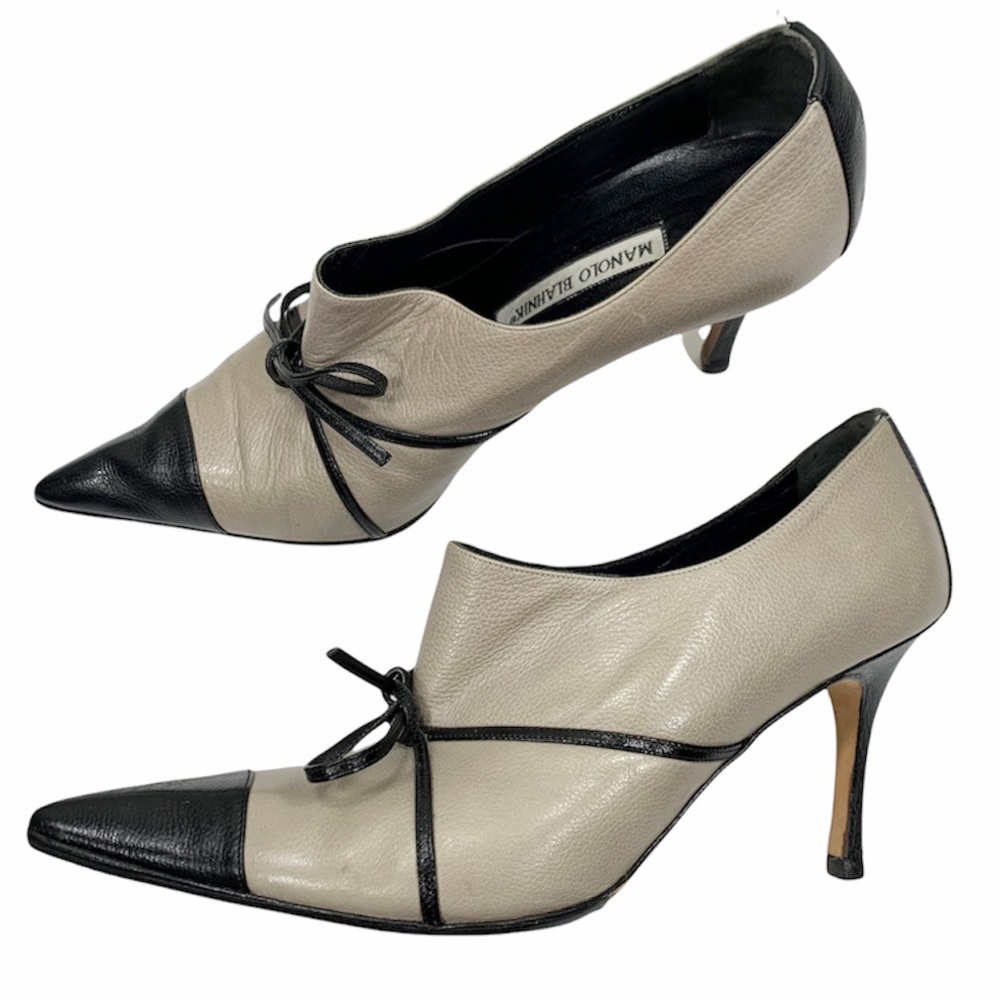 Manolo Blahnik Taupe Black Leather Heeled Booties